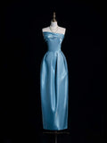 Gorgeous A Line Strapless Blue Satin Long Formal Evening Dress Gowns Prom Dresses HZ0311