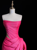 Simple Mermaid Strapless Pink Satin Pleated With Satin Long Prom Dresses Formal Gowns HZ0311