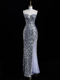 Chic Mermaid Spaghetti Strap Silver Gray Sequins Senior Prom dresses High School Long Formal Dresses HZ0311
