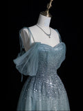Elegant Ball Gown Off The Shoulder Dusty Grey Tulle Long Prom Dresses For Teens Evening Outfits Formal Dress HZ0311