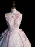 Modest Ball Gown Halter Pink Open Backs With Flowers College Formal Outfit Long Prom Inspo Graduation Dresses HZ0311