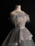 Modest Ball Gown Strapless Sequin Gray Tulle Long Prom Dresses For High School Teens Girls Formal Bridesmaid Dress HZ0311