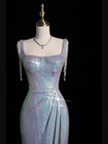 New Mermaid Square Neck Sequins Silver Long Prom Dresses For High School Teens Girls Formal Bridesmaid Dress HZ0311