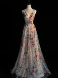 Elegant A line V Neck Floral Tulle Long Prom Dresses For Teens Evening Outfits Formal Dress HZ0311