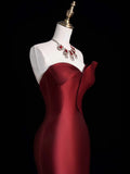 Princess Mermaid Sweetheart Burgundy Tulle Pleated Ruffles Satin Long Formal Evening Dress Gowns Prom Dresses HZ0311