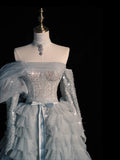 Modest Ball Gown Off The Shoulder Blue Tulle With Tiered Layers College Formal Outfits Long Prom Inspo Graduation Dresses HZ0311