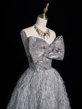 Princess Ball Gown Sweetheart Grey With Bow Feathers Tulle Long Formal Evening Dress Gowns Formal Prom Dresses HZ0311