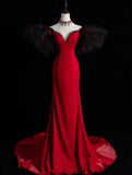 Elegant Mermaid Off The Shoulder Red Satin With Sleeves Floor Length Inspiration Long Prom Dresses HZ0311