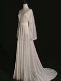 Classic A line Wedding Dresses Scoop Neck Sequin White With Long Sleeves Brides Dress Sequin Bridal Gowns HZ0311