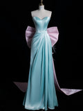 Stunning A line Sweetheart Blue Satin With Bow-knot Prom Dresses Inspiration Evening Dress Princess Graduation Gown HZ0311