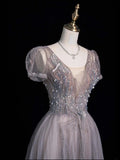 Beautiful Ball Gown V Neck Tulle With Short Sleeves Long Prom Dresses Inspiration Evening Gowns Formal Dress HZ0311