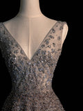 Modest A line V Neck Grey Tulle With Beadings College Formal Outfits Long Prom Inspo Graduation Dresses HZ0311