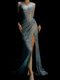 Chic Mermaid Spaghetti Strap Navy Blue Sequin Long Party Dresses Prom Dresses Impress Wedding Guest Dress HZ0311