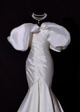 Classic Wedding Dresses Mermaid Off The Shoulder Ivory Satin Short Sleeves Brides Dress Fitted Bridal Gowns HZ0311