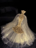 Glittery Mermaid Strapless Gold Sequined Long Formal Evening Dress Formal 18th Birthday Gowns Prom Dresses HZ0311