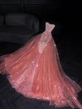 Glittery Mermaid Strapless Coral Pink Sequined Long Formal Evening Dress Formal 18th Birthday Gowns Prom Dresses HZ0311