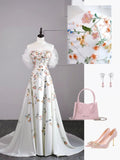 Modest A line Sweetheart Floral White College Formal Outfit With Long Sleeves Prom Graduation Dresses For Teens HZ0311