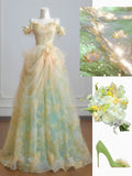Fairytale Ball Gown Off The Shoulder Green Floral Tulle Long Formal Evening Dress Formal Birthday Gowns Prom Dresses HZ0311
