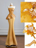 Romantic Mermaid Strapless Gold With Scarf Long Prom Dresses Impress 18th Birthday Outfits Party Gown HZ0311
