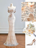Sparkling Mermaid Off The Shoulder Champagne Sequin Long Prom Dresses Impress 18th Birthday Outfits Party Gown HZ0311