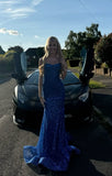 Shiny Royal Blue Mermaid Spaghetti Straps Long Beaded Prom Dress Party Gowns HZ0311