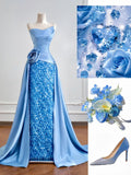Luxurious Mermaid Strapless Blue Satin With Sequins Prom Dresses Long Evening Formal Birthday Party Gowns HZ0311