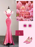 Classy Mermaid Square Pink Velvet Sleeveless Senior Prom dresses High School Long Formal Dress HZ0311