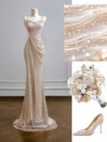Modest Mermaid Spaghetti Straps Champagne Sequin Long Prom Dresses Impress 18th Birthday Outfits Party Gown HZ0311