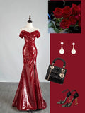 Gorgeous Burgundy Off The shoulder Mermaid Sequin With Short Sleeves Formal Evening Dress Gowns Prom Dresses HZ0311