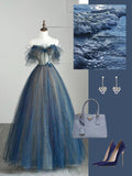 Modest Ball Gown Off The Shoulder Blue Tulle College Formal Sweet 16 Outfit Long Prom Dresses For Teens HZ0311