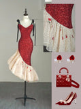 Modest Mermaid Spaghetti Strap Red Sequins College Formal Sweet 16 Outfits Short Prom Dresses For Teens HZ0311