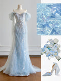 Luxurious Mermaid Off The Shoulder Light Sky Blue With Short Sleeves Prom Dresses Long Evening Formal Birthday Party Gowns HZ0311