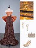 Cute A Line Strapless Brown Sequins Senior Prom Dresses High School Long Formal Dress HZ0311