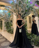 Elegant A line Strapless Black Satin With Beads Winter Long Formal Ideas Prom Evening Dress Dinner Outfits Party Gowns For Women HZ0311