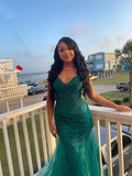 Dark Green Mermaid Tulle Lace Prom Dress Winter Gown Semi Formal Grad Long Prom Dress For Teens HZ0311