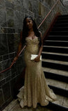 Mermaid Gold Sequin Long Prom Gown Lace Up Back Evening Dress For Plus Size Black People Girls HZ0311