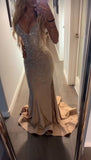 Sexy Mermaid V Neck Gold Satin Slit Prom Dress With Beads HZ0311