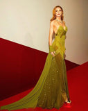 Sexy Mermaid Spaghetti Strap Olive Green Lace Backless Long Prom Dresses Senior Graduation Dance Evening Outfits HZ0311