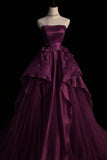Modest Ball Gown Strapless Grape Tulle Long Prom Dresses Senior Graduation Dance Evening Outfits HZ0311