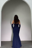 Classy Dark Navy Strapless Mermaid Prom Dress Detachable Sleeves With Beads Zipper Formal Gowns HZ0311
