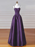 Purple A-line Satin Sweetheart Simple Floor Length Prom Dress Formal Gowns HZ0311