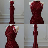 Sparkly Sequin Mermaid High Neck Burgundy Sequin With Beads Prom Dresses Inspiration Evening Gowns For Women Formal Party Prom Dress HZ0311
