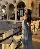 Simple A line Spaghetti Strap Light Sky Blue Chiffon Prom Dresses For Teens Formal Dress Party Outfits Prom Gowns HZ0311