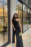 Simple Sheath One Shoulder Satin Black With Scarf Long Prom Dresses Formal Dress 20th Birthday Outfits HZ0311
