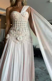 Luxurious Mermaid One Shoulder Pink Chiffon Sleeveless Beadings Floor Length Prom Dress Graduation Gown HZ0311