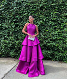 Gorgeous Ball Gown Halter Grape Sleeveless Satin Long Prom Dresses HZ0311