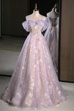 Modest Lilac Off The Shoulder Tulle A Line Prom Dress With Appliques HZ0311