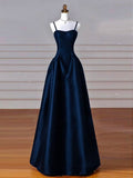 Classy Simple A-Line Dark Blue Satin Long Prom Dress, Dark Blue Long Formal Dress HZ0311