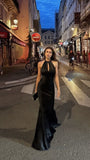 Simple Mermaid Halter Satin Black Long Prom Dresses Formal Dress 20th Birthday Outfits HZ0311