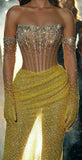 Modest Senior Prom Dresses High Schools Inspiration Mermaid Strapless Yellow Slit For Black Girls Semi Formal Grad Long Prom Dress For Teens HZ0311